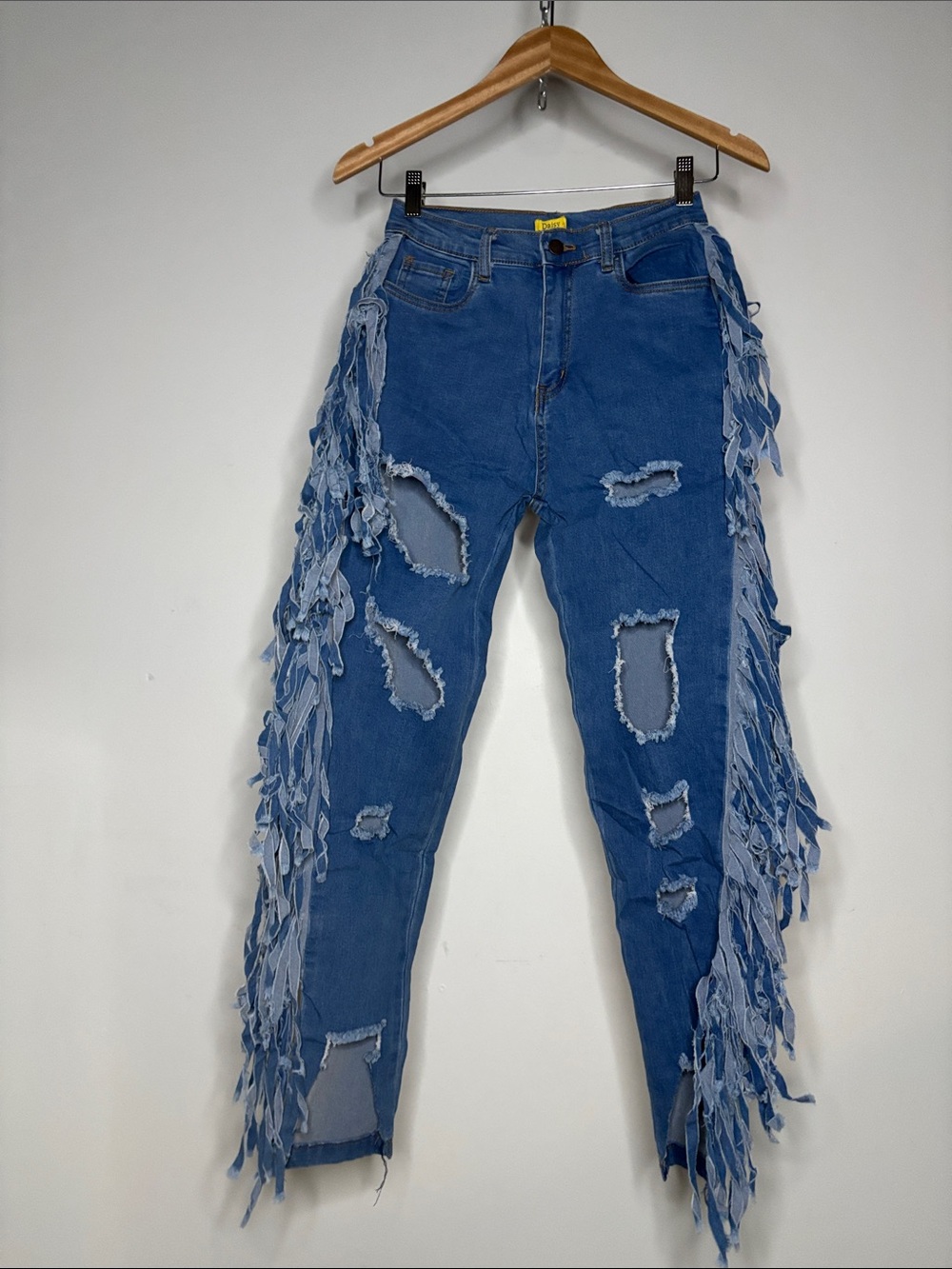Daisy Blue Fringe Ripped Straight-Leg Jeans